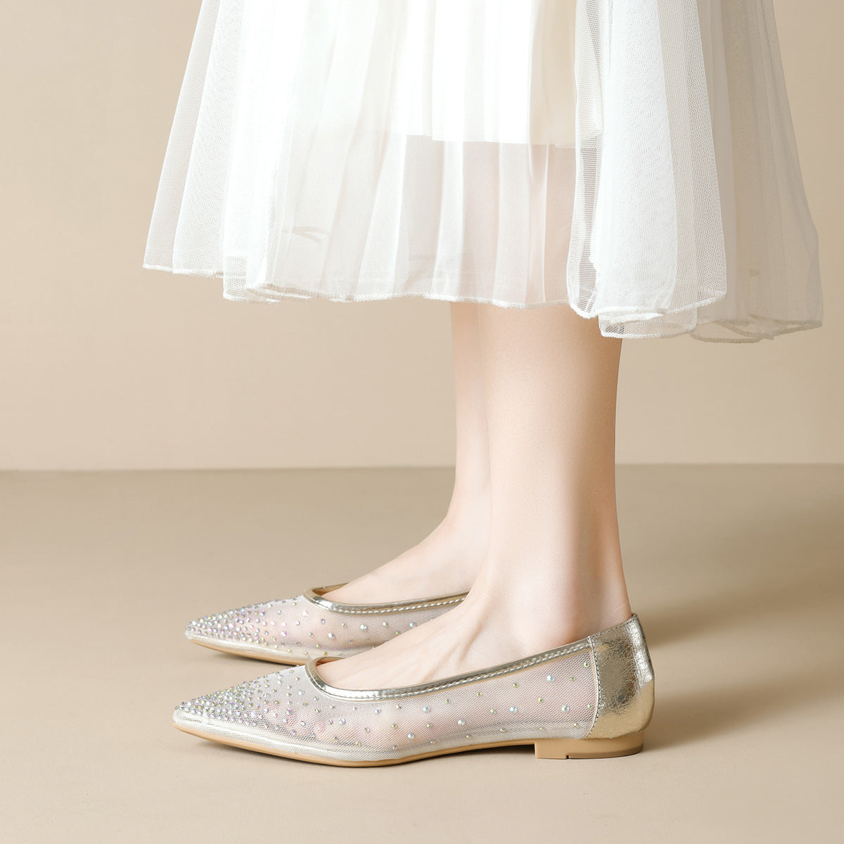 Damen elegante Ballerinas mit schimmernden Strassdetails und transparentem Obermaterial