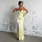 Damen Elegantes Maxikleid aus luxuriösem Satin mit verführerischem V-Ausschnitt R&B
