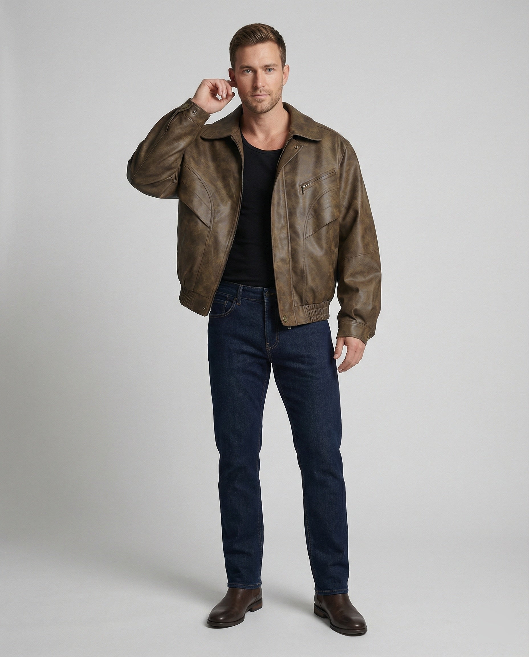 Herren vintage-inspirierter Pilotenblouson aus Lederimitat mit Ziernähten und elastischem Bund R&B