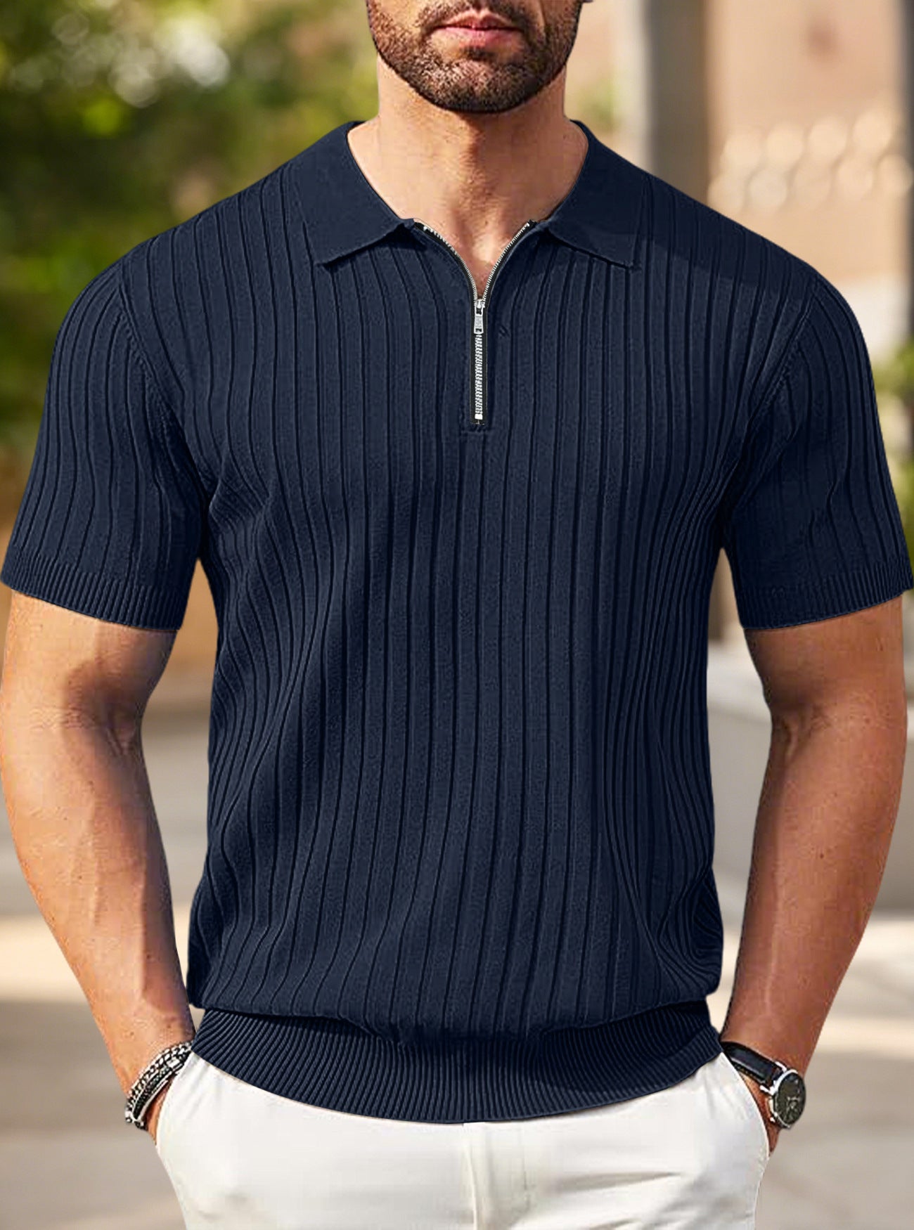 Herren nan elegantes strukturiertes Kurzarm-Strickpolo mit kurzem Metallreißverschluss und Hemdkragen R&B