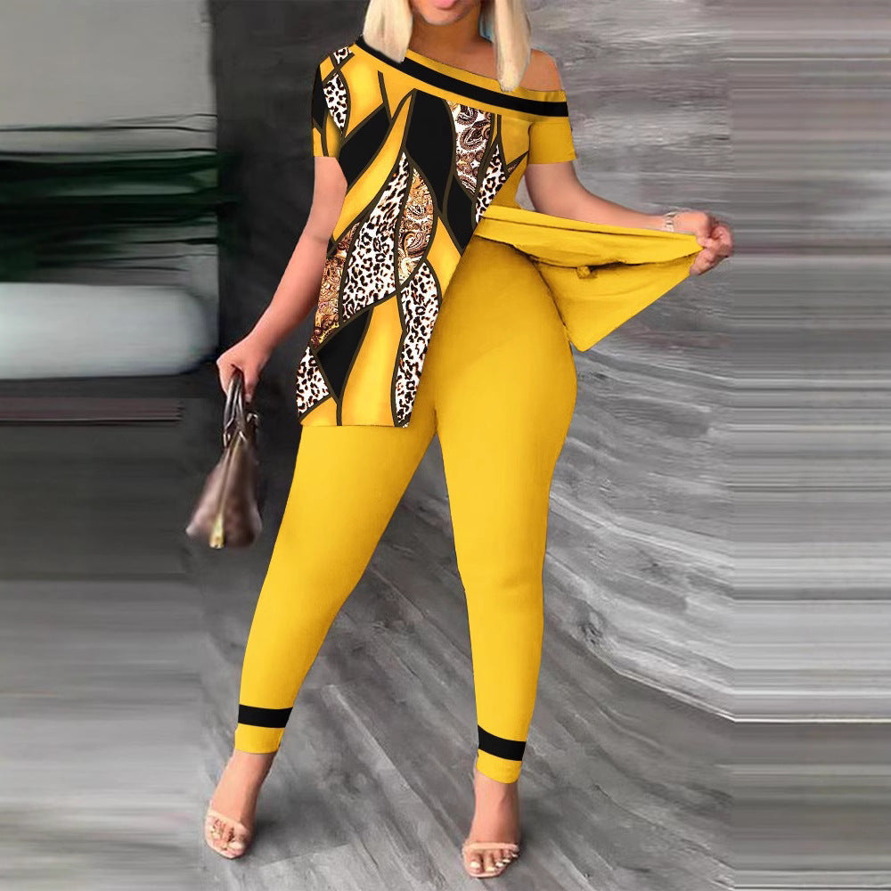 Damen modernes und elegantes Set mit asymmetrischem Oberteil und figurbetonten Hosen R&B