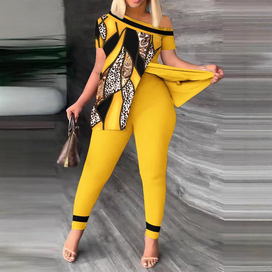 Damen modernes und elegantes Set mit asymmetrischem Oberteil und figurbetonten Hosen R&B