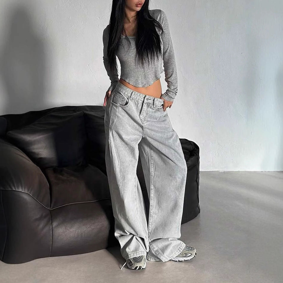 Damen Weite Jeans im lässigen Urban-Style mit hohem Bund und markanten Nähten R&B