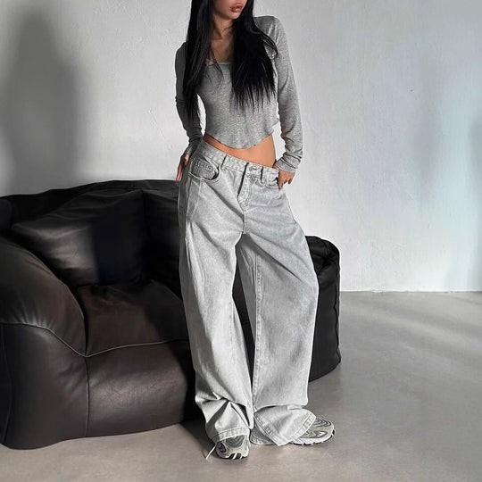 Damen Weite Jeans im lässigen Urban-Style mit hohem Bund und markanten Nähten R&B