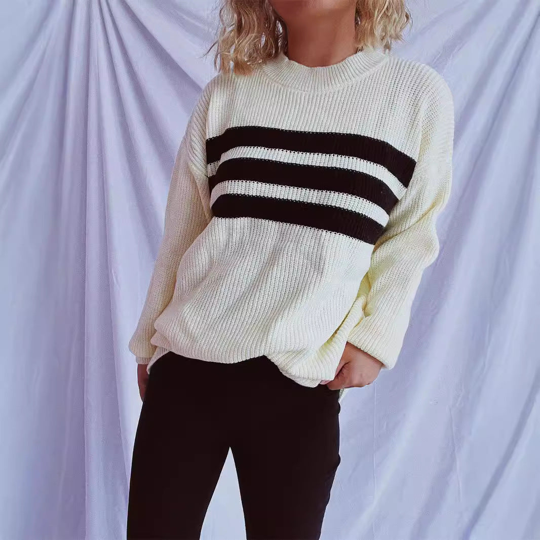 Damen lässiger Strickpullover mit modischen Streifen R&B