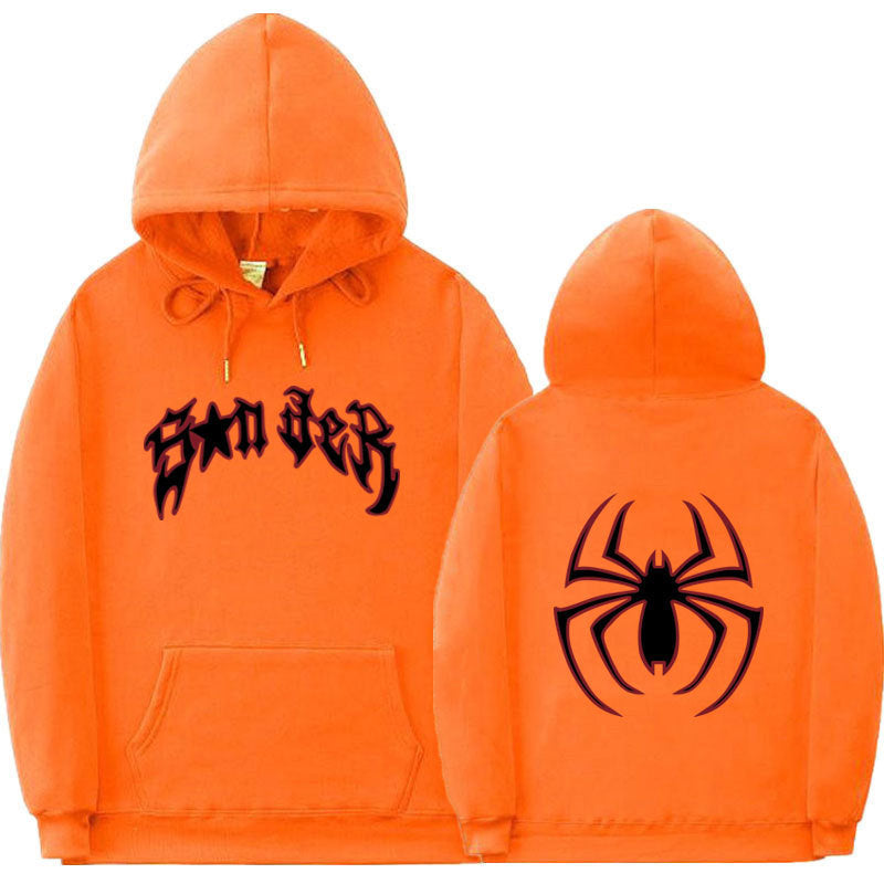 Damen Kapuzenpullover mit auffälligem Spinnenmotiv und grobem Schriftzug