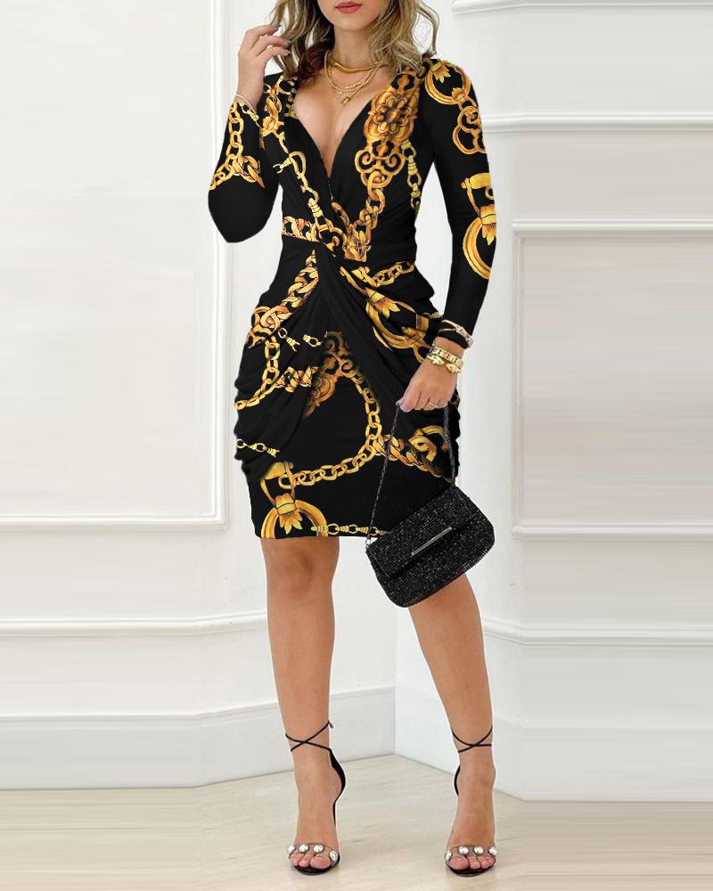 Damen Wickelkleid mit kunstvollem Kettenmuster und tiefem V-Ausschnitt