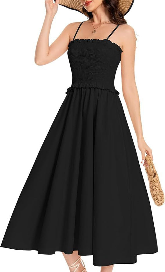 Damen Midi-Kleid mit elastischem Oberteil und weiten Rock R&B