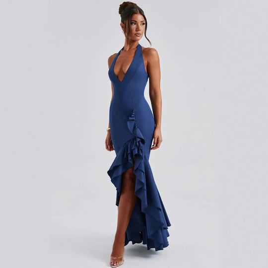 Damen Hochgeschlossenes Maxikleid mit Rüschen und tiefem V-Ausschnitt R&B