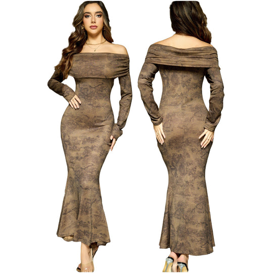 Damen elegantes schulterfreies Maxikleid mit Rüschen und schmalem Schnitt R&B