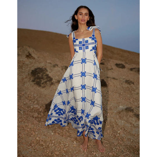 Damen Maxikleid mit verspieltem Karomuster und innovativen Trägerdetails R&B