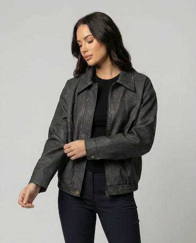 Damen Oversize PU-Lederjacke Herbst Vintage Style Winddicht