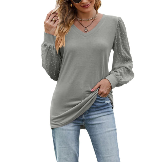 Damen elegantes V-Ausschnitt Oberteil mit Puffärmeln R&B