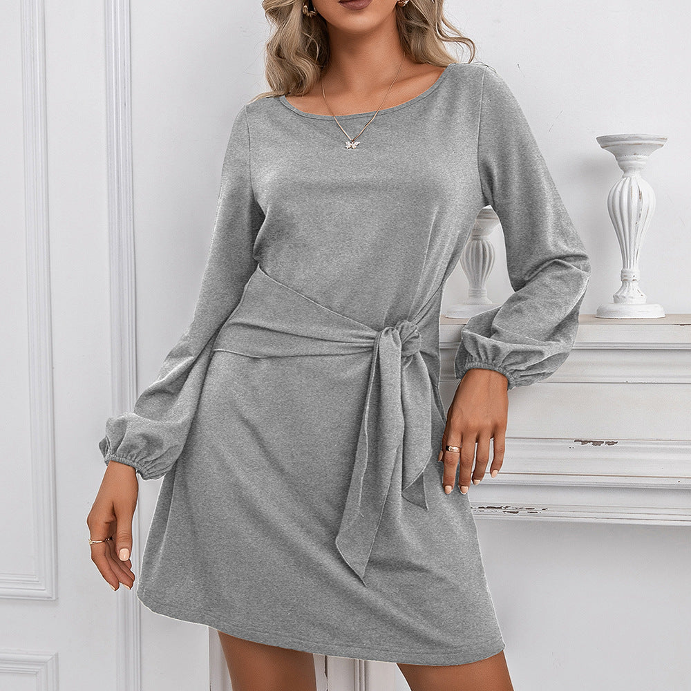 Damen elegantes Wickelkleid mit langem Arm und Taillengürtel R&B