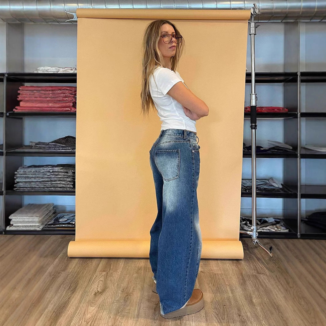 Damen modische weite Jeans mit einzigartigem Schnitt und hohem Bund R&B