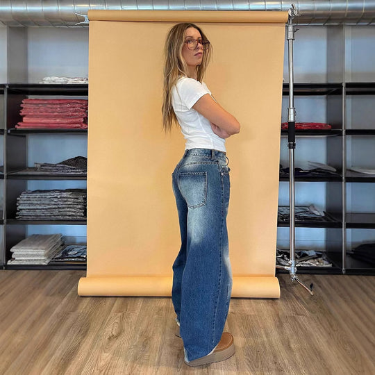 Damen modische weite Jeans mit einzigartigem Schnitt und hohem Bund R&B