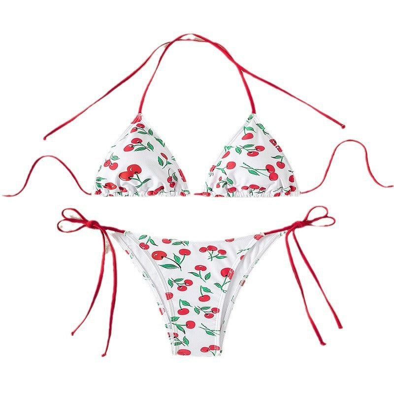 Damen Triangel-Bikini mit Krawattenverschluss und verspieltem Kirschdesign R&B