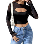 Damen nan Lagen-Crop-Top mit Brust-Cut-Out, Bustier-Innenlage und transparenten Langärmeln R&B