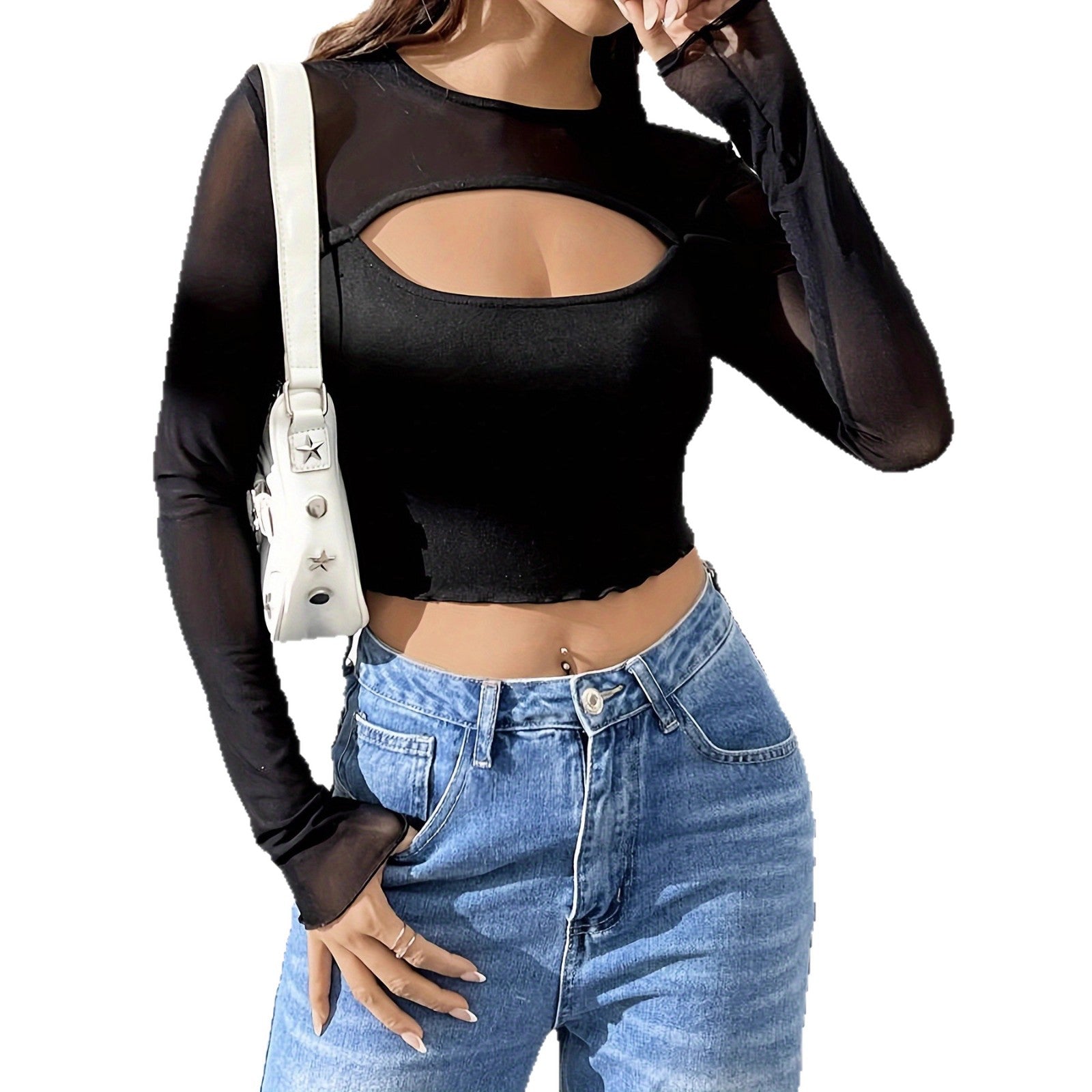Damen nan Lagen-Crop-Top mit Brust-Cut-Out, Bustier-Innenlage und transparenten Langärmeln R&B