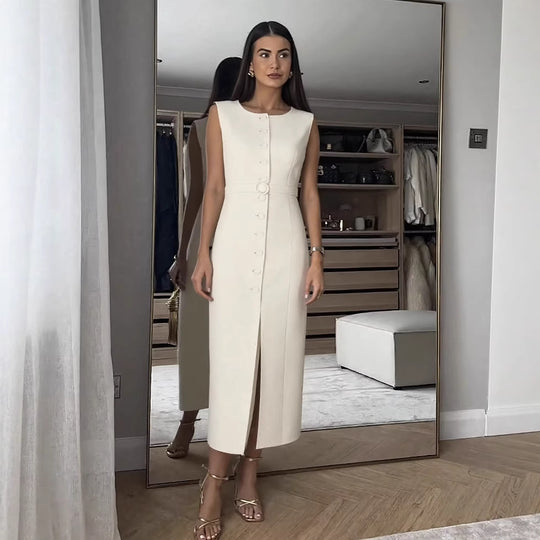 Damen ärmelloses Wickelkleid mit Knopfverschluss und Taillengürtel R&B
