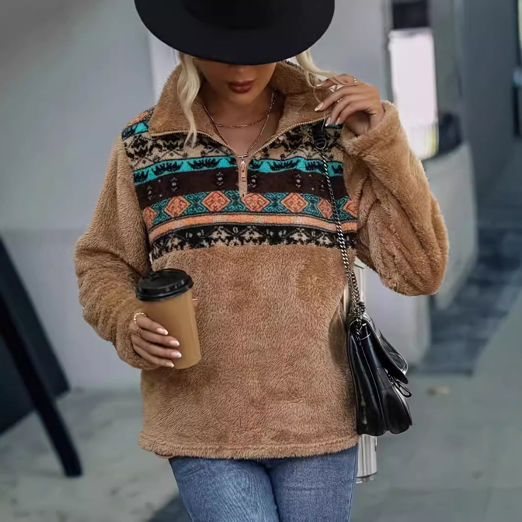 Damen Fleece-Pullover mit modischem Reißverschluss und buntem Muster R&B