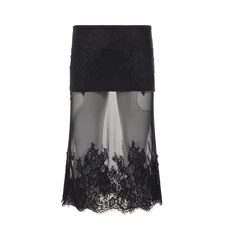 Damen Spitzenrock mit transparentem Unterkleid und verzierten Rüschen R&B