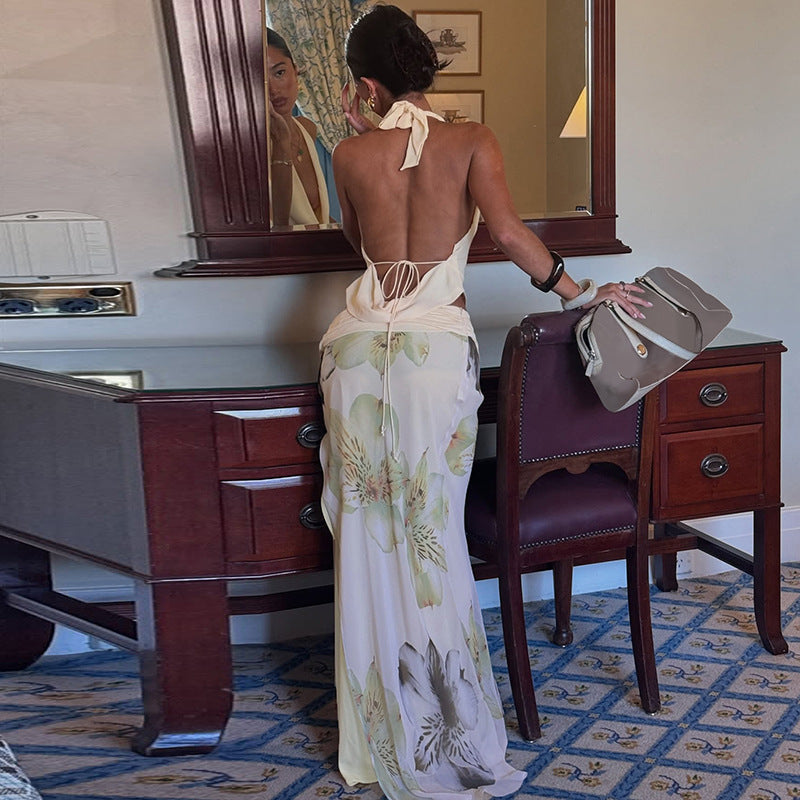Damen Elegantes Maxikleid mit floralem Halterdesign und seitlichem Schlitz R&B