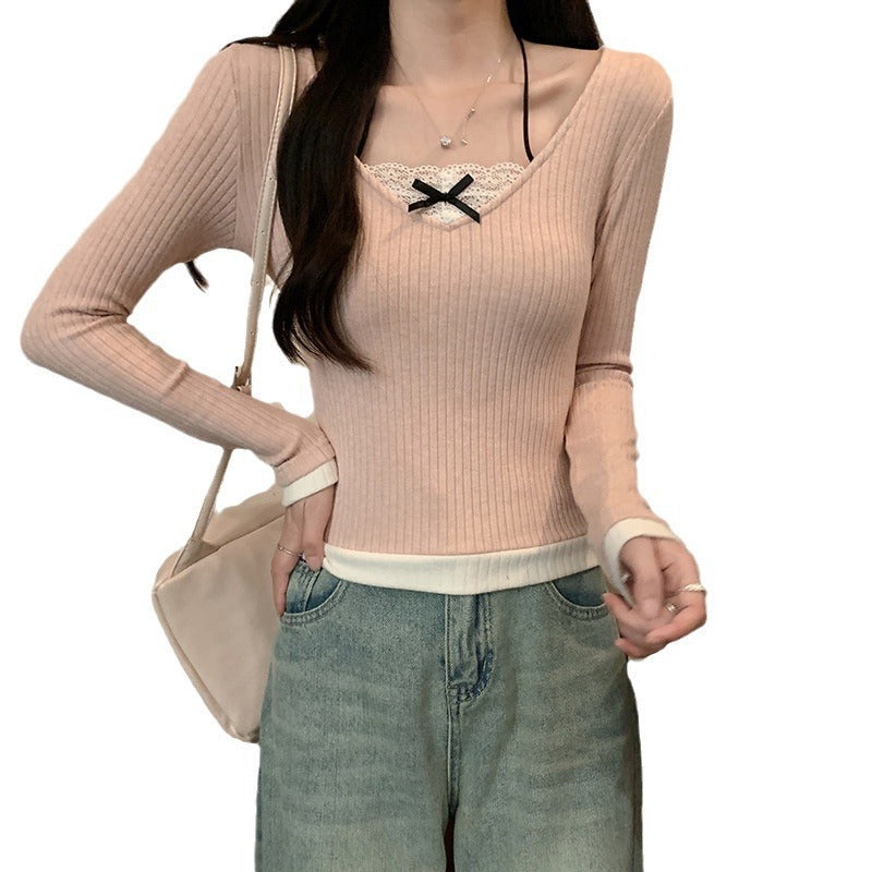 Damen Langarmshirt mit V-Ausschnitt und Spitzenakzenten