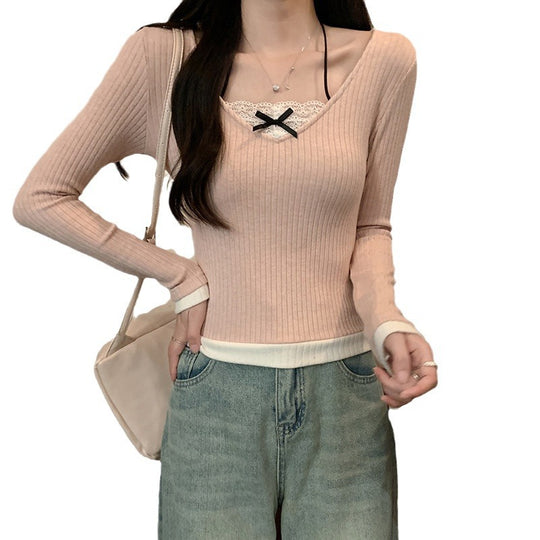 Damen Langarmshirt mit V-Ausschnitt und Spitzenakzenten R&B