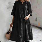Damen nan locker fallendes A-Linien Kleid mit V-Ausschnitt-Knopfleiste, 3/4-Ärmeln und aufgesetzten Eingrifftaschen R&B