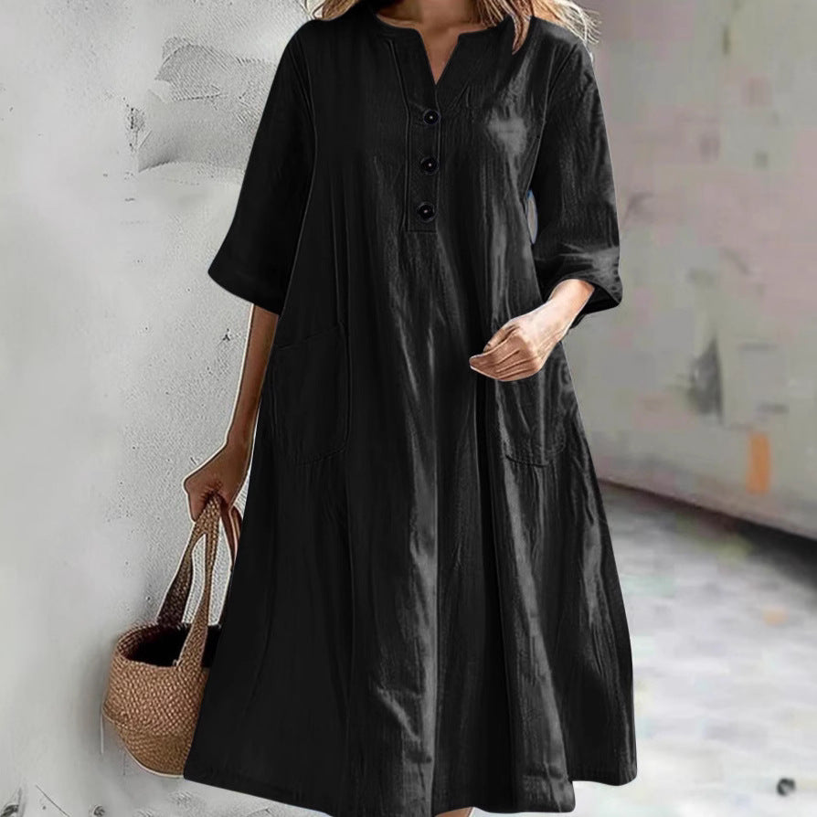 Damen nan locker fallendes A-Linien Kleid mit V-Ausschnitt-Knopfleiste, 3/4-Ärmeln und aufgesetzten Eingrifftaschen R&B
