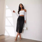 Damen Jeansrock im modernen Midi-Stil mit seitlichem Schlitz und hochgezogenem Saum R&B