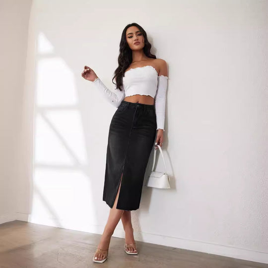Damen Jeansrock im modernen Midi-Stil mit seitlichem Schlitz und hochgezogenem Saum R&B