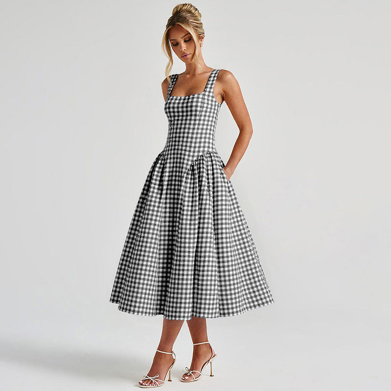 Damen Sommerliches Maxikleid mit Karo-Design und seitlichen Raffungselementen R&B