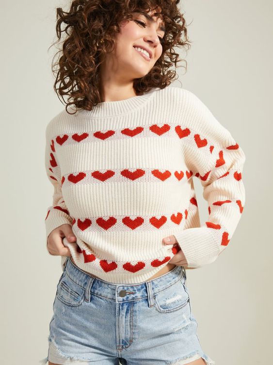 Damen gemütlicher Pullover mit Herzmuster R&B