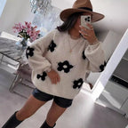 Damen Grobstrickpullover mit folkloristischen Blumenmustern und lässigem Schnitt R&B