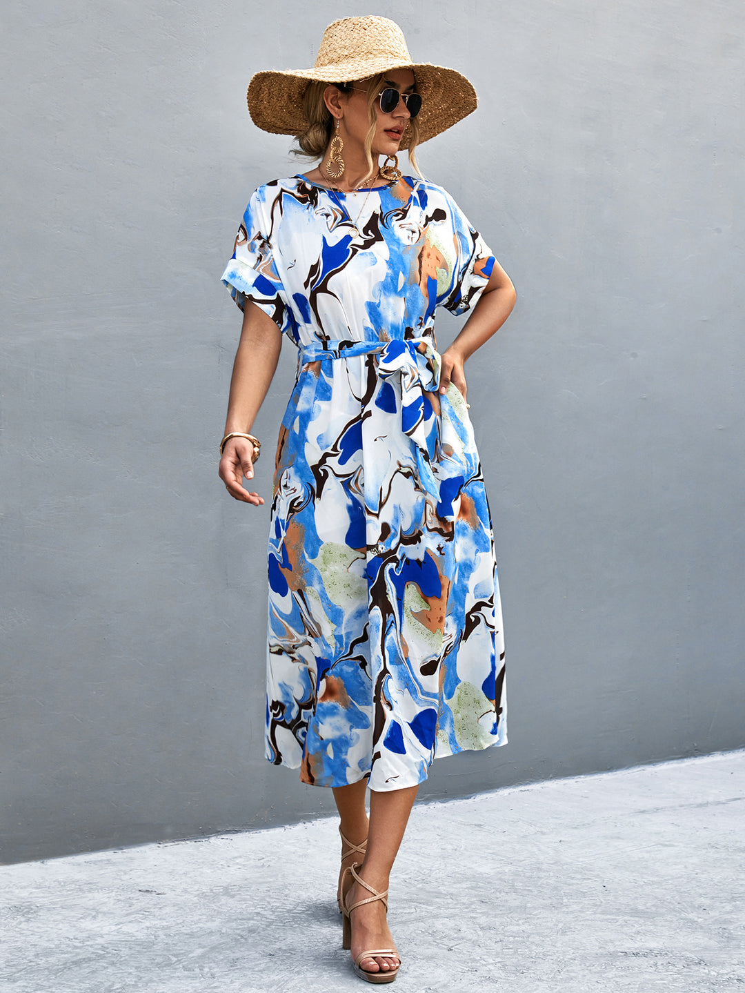 Damen Maxi-Kleid mit fließendem Schnitt und bindbarem Taillengürtel R&B