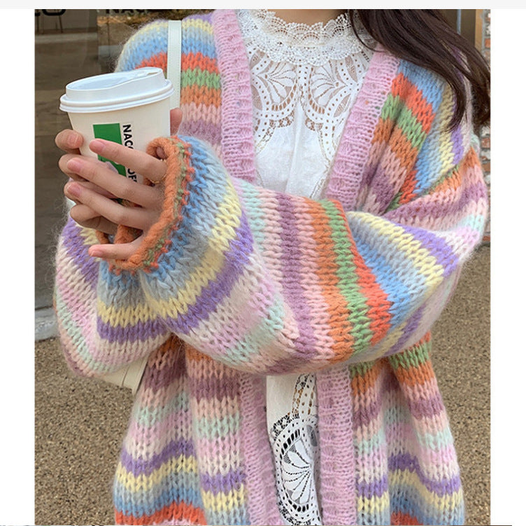 Damen Gemusterter Strickcardigan mit luftigen Ärmeln und sanften Farbverläufen R&B