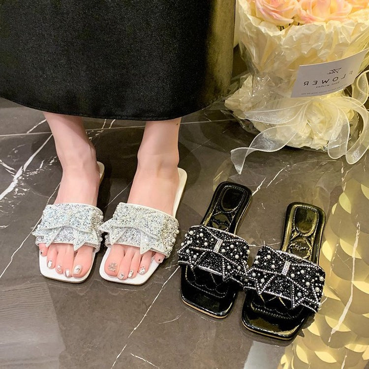 Damen Glamouröse Slides mit funkelnden Rhinestone-Schleifen R&B