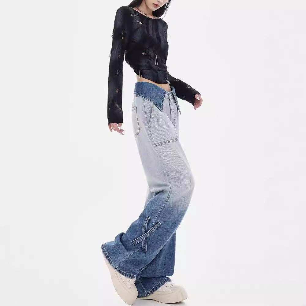 Damen Weite Denim-Jeans mit einzigartigem Farbverlauf und modischen Akzenten R&B