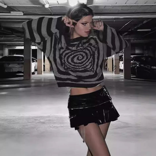 Damen Modischer Oversized-Pullover mit kreativem Spiral-Design und gestreiftem Muster R&B