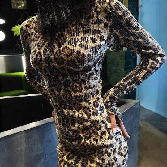 Damen Figurbetontes Maxikleid mit Leopardenmuster und hohem Schlitz R&B