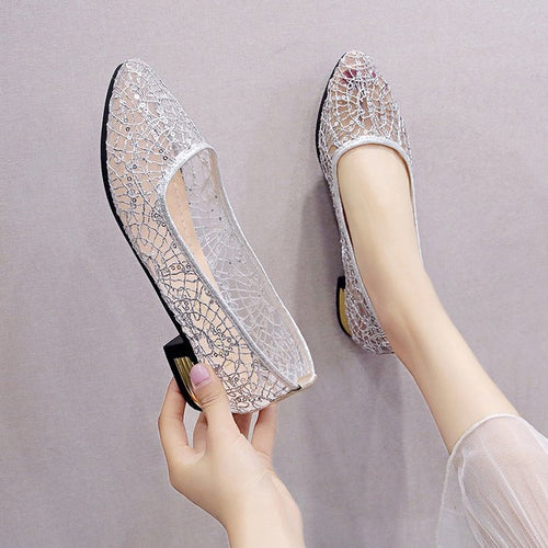 Damen elegante Ballerinas mit glitzernder Spitze und geschmackvollem Absatz R&B