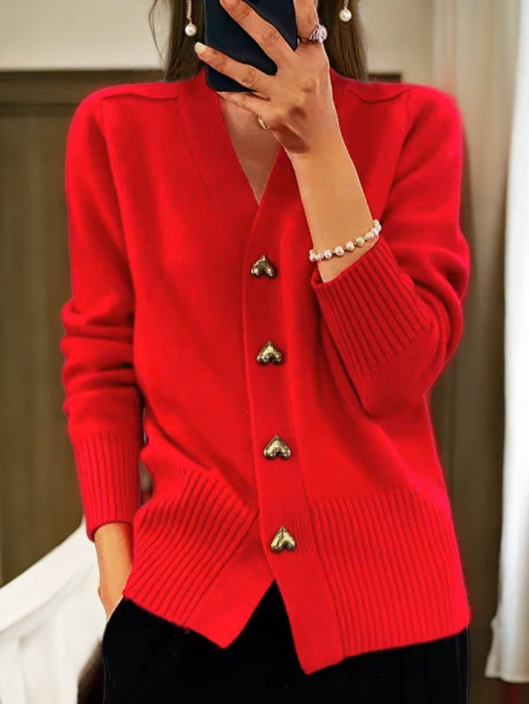 Damen kuschelige Strickjacke mit Herzknöpfen und V-Ausschnitt R&B