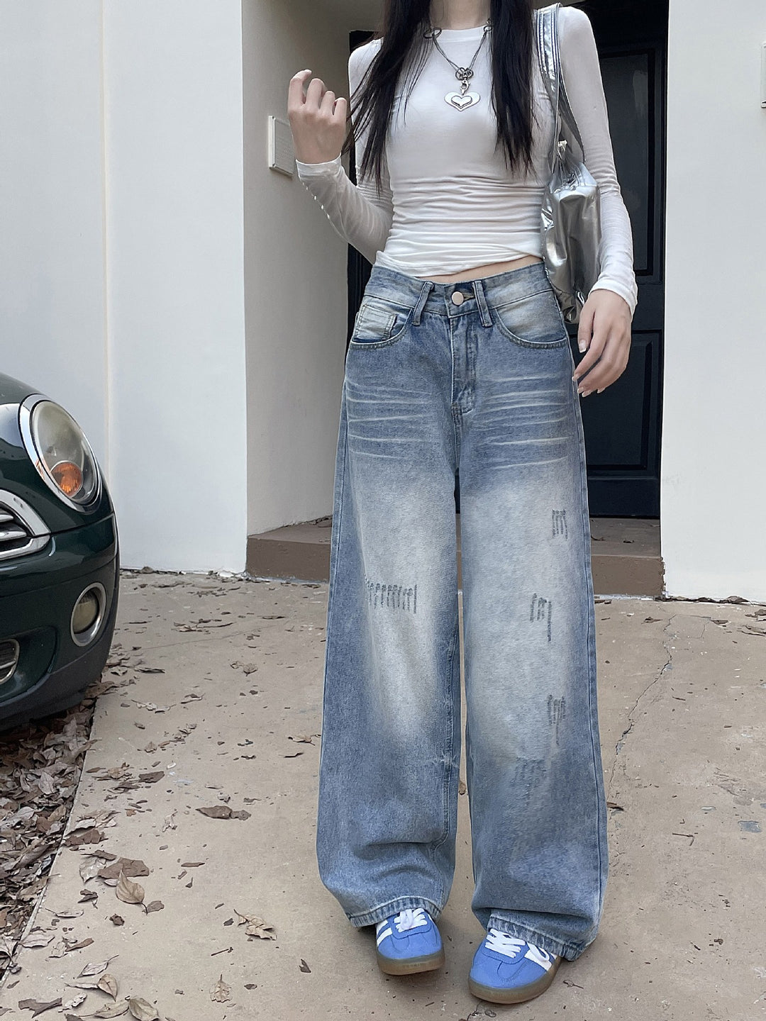 Damen Weite Baggy-Jeans mit modischem Used-Effekt und hohen Taschen R&B