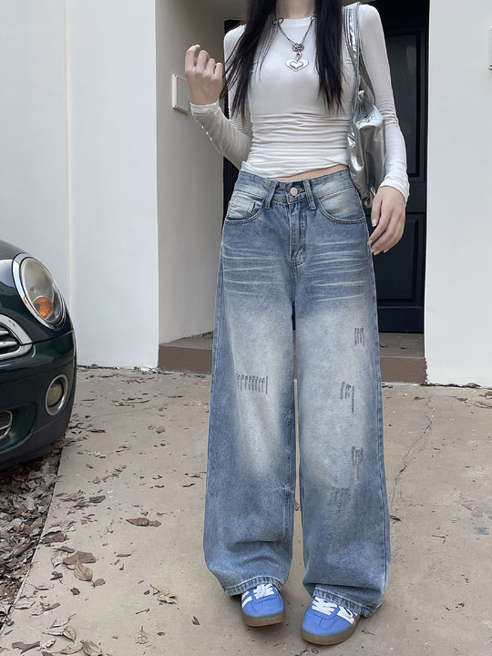 Damen Weite Baggy-Jeans mit modischem Used-Effekt und hohen Taschen R&B