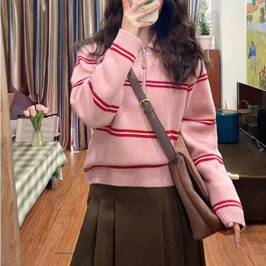 Damen gestreifter Pullover mit hohem Kragen und Reißverschluss R&B
