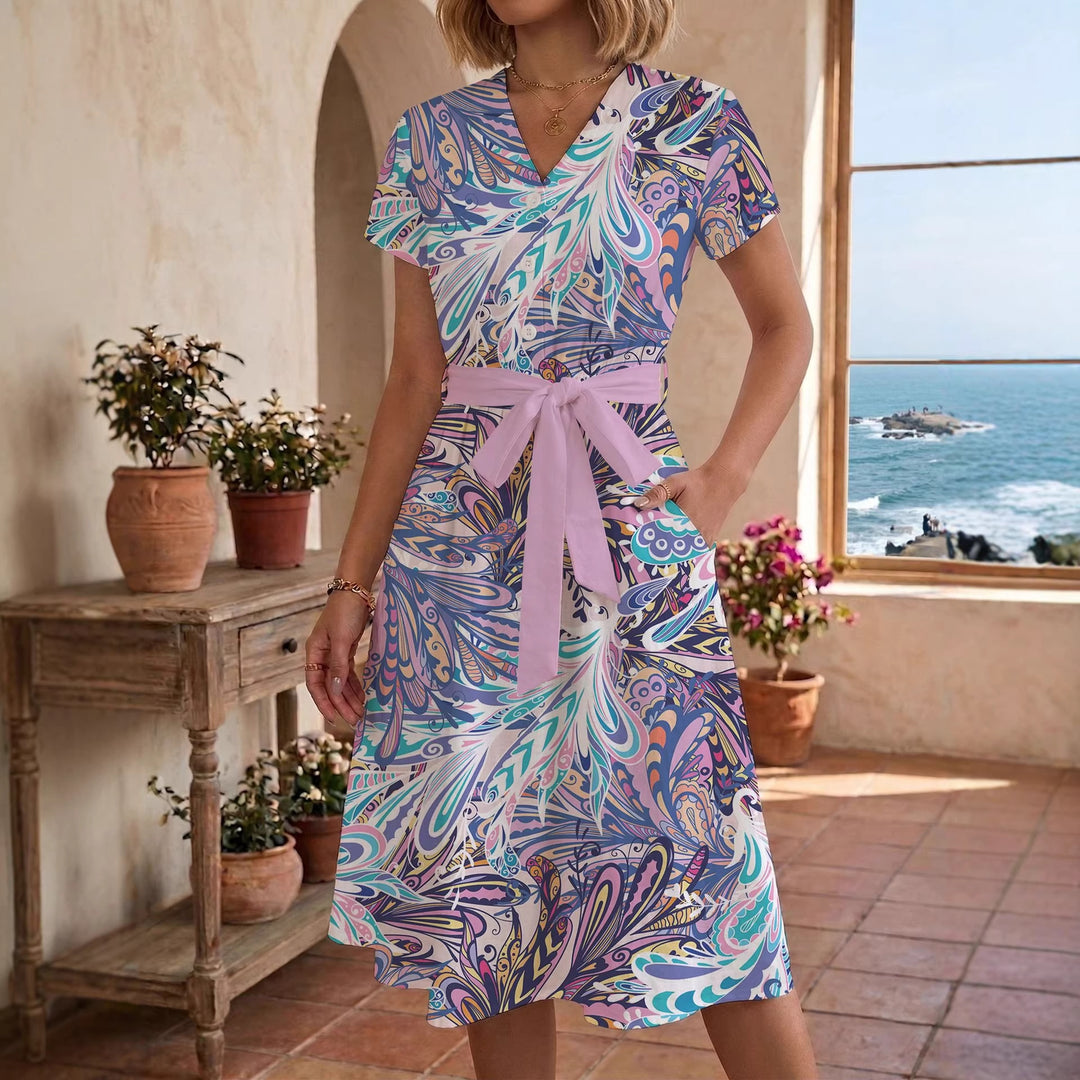Damen Sommerliches Kleid mit taillierbarem Bindegürtel und floralem Muster R&B