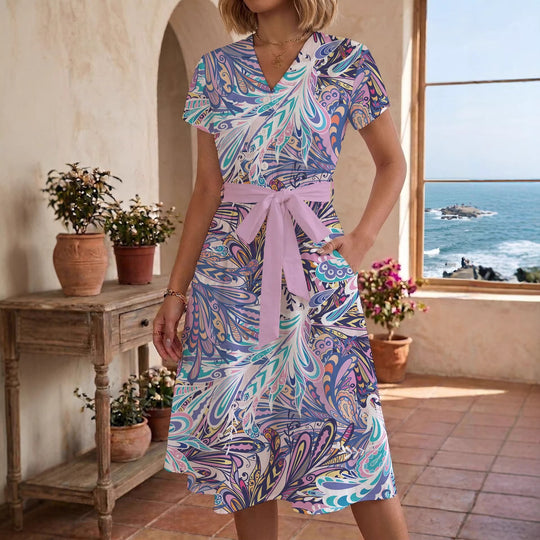 Damen Sommerliches Kleid mit taillierbarem Bindegürtel und floralem Muster R&B