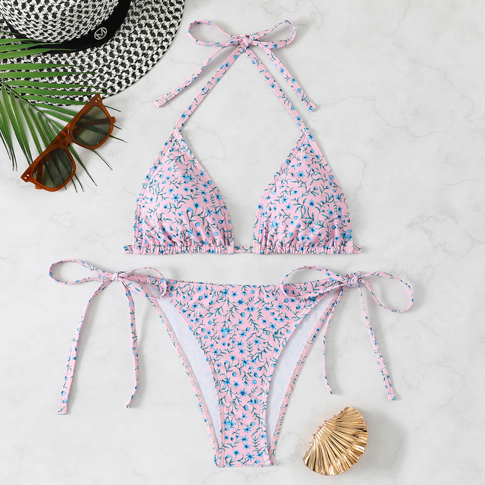 Damen Triangel-Bikini mit verstellbaren Bindebändern und floralen Details R&B